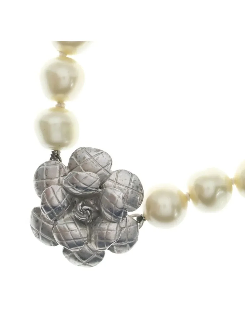Chanel Camellia Faux Pearl Necklace Choker Silver Metal